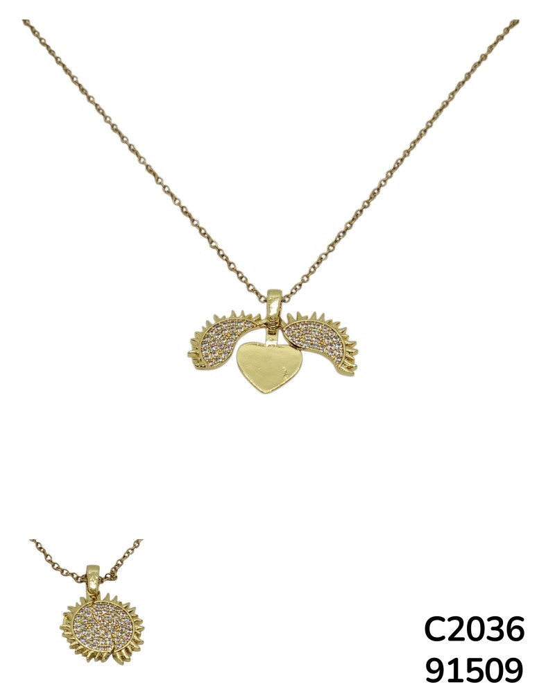 C2036 Cadena dorada con dije doble de sol con detalles de cristal y corazón oculto tras el sol.