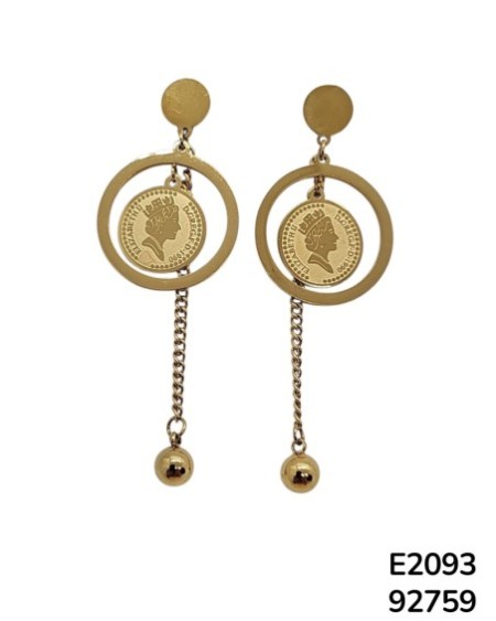 E2093 Aretes Colgantes con Moneda Reina Isabel II