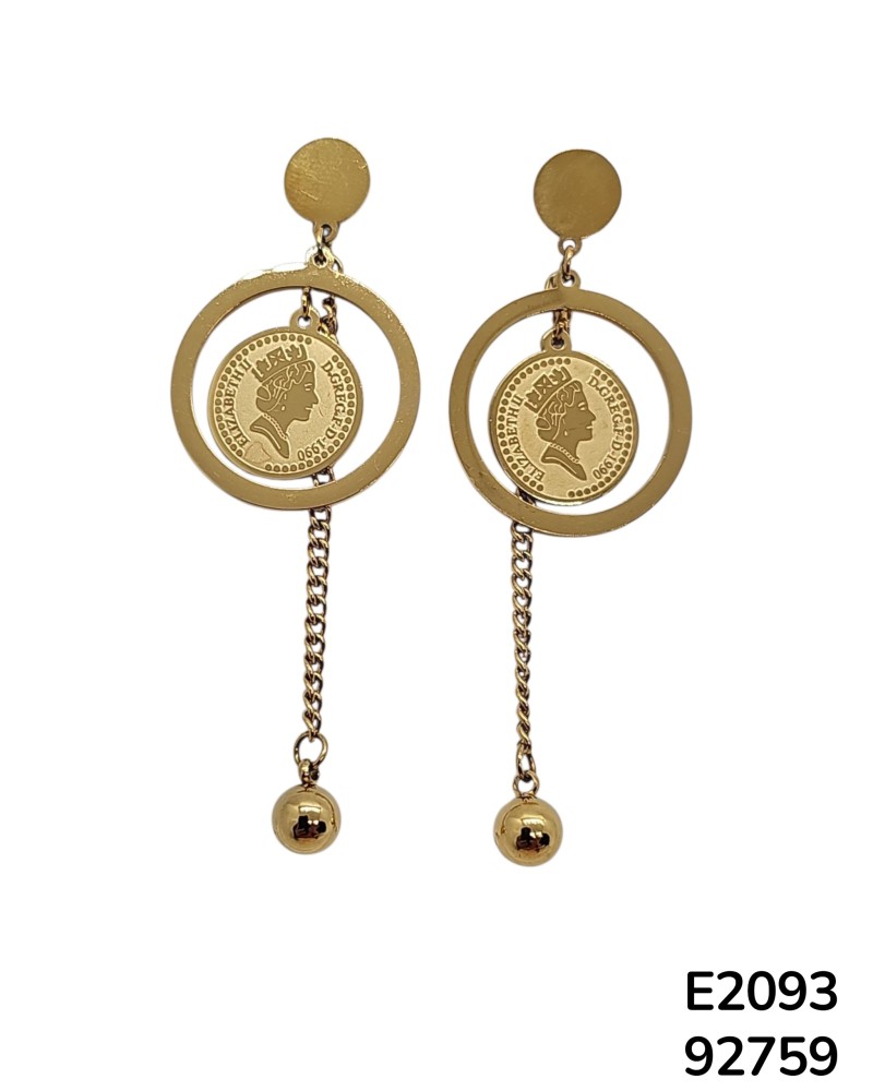 E2093 Aretes Colgantes con Moneda Reina Isabel II