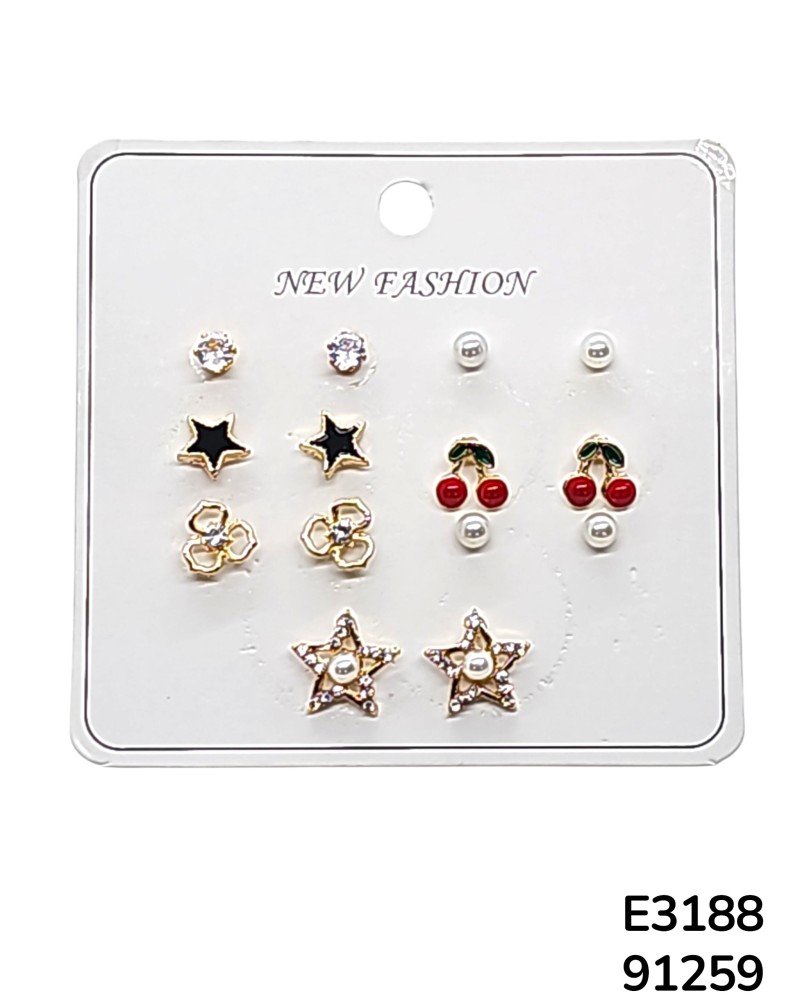 E3188 Set de aretes divertidos con estrellas y cerezas