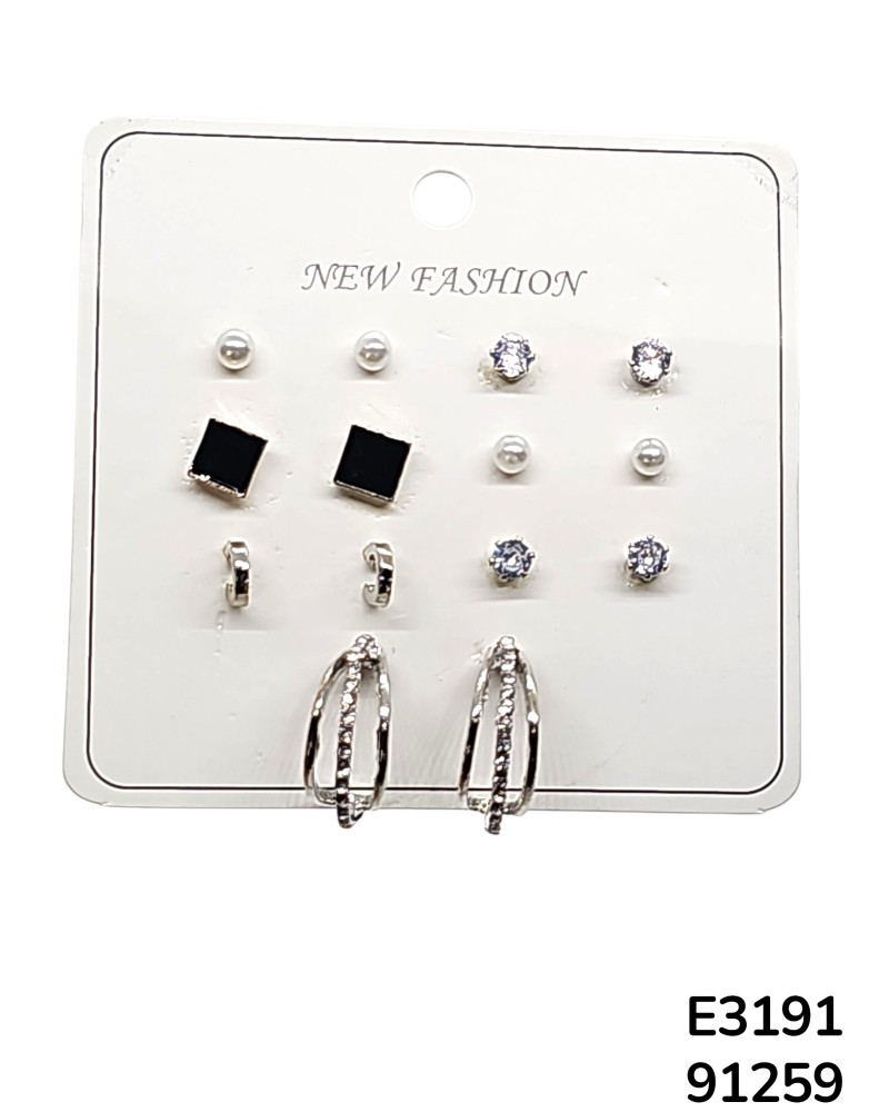 E3191 Set de aretes minimalistas en plata y negro