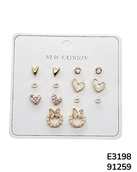 E3198 Set de aretes con perlas y charms de corazón
