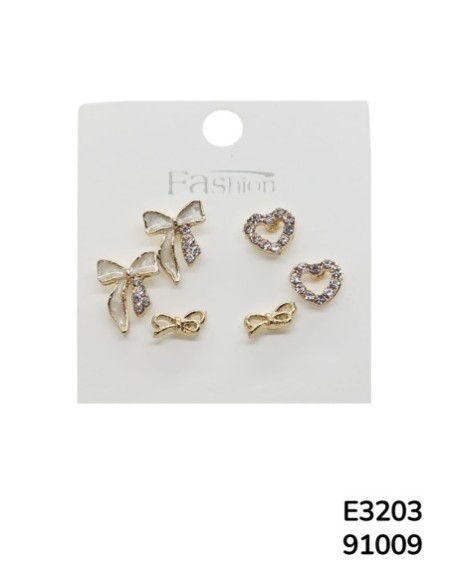 E3203 Set de aretes con moños y corazones de cristal
