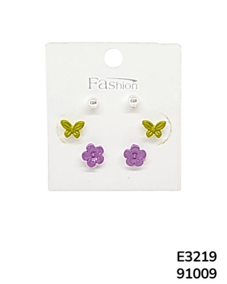 E3219 Aretes tipo stud con mariposa y flor