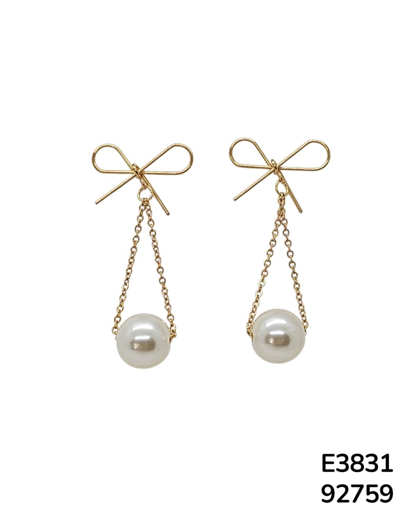 E3831 – Aretes de Acero Inoxidable con Moño y Perla Colgante