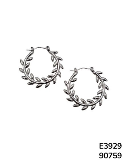 E3929 – Aretes Aro de Acero Inoxidable con Diseño de Laurel