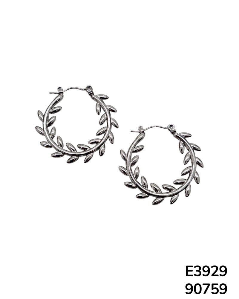 E3929 – Aretes Aro de Acero Inoxidable con Diseño de Laurel