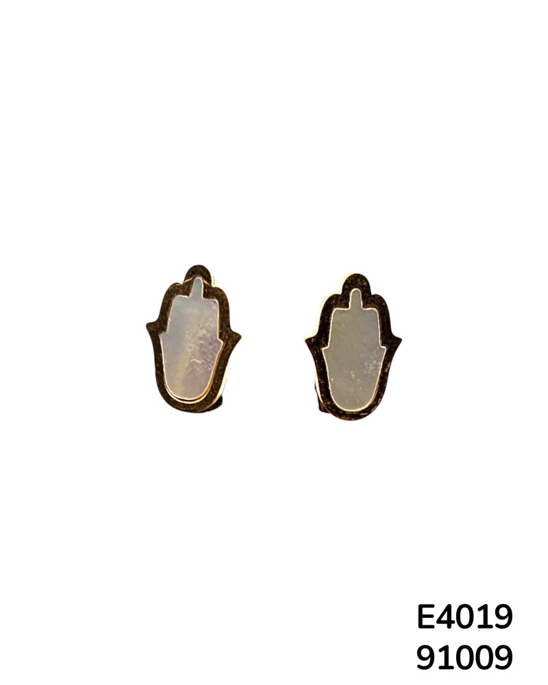 E4019- Aretes Nacrados en Acero inoxidable en forma de "mano de la suerte"