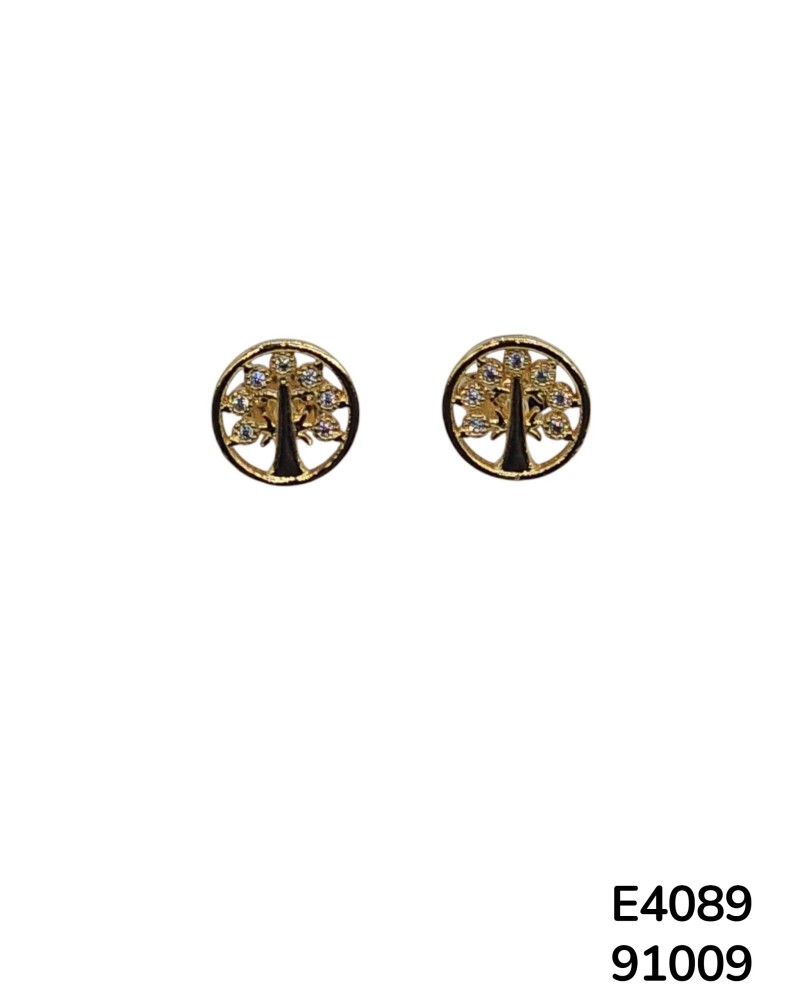 E4089 Aretes  de chapado en oro en forma Arbol de Vida Dorado con Cristales Pequeños