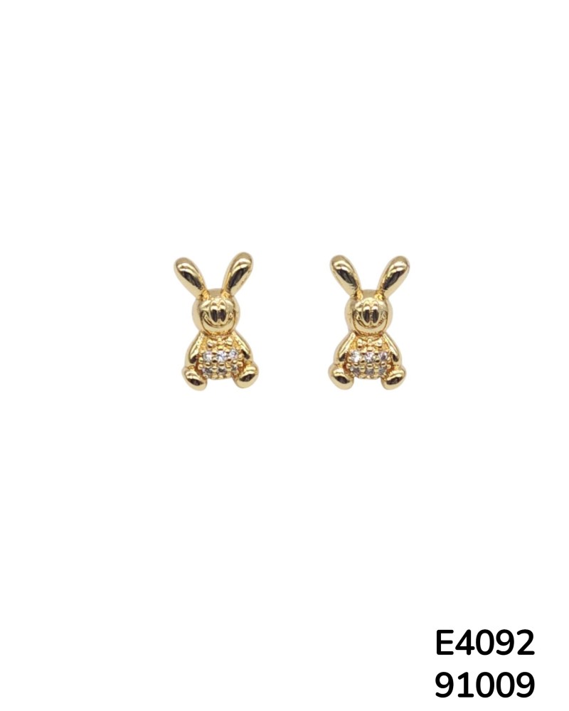 E4092 Aretes de Chapado en oro en forma de Conejito Sonriente con Cristales Pequeños