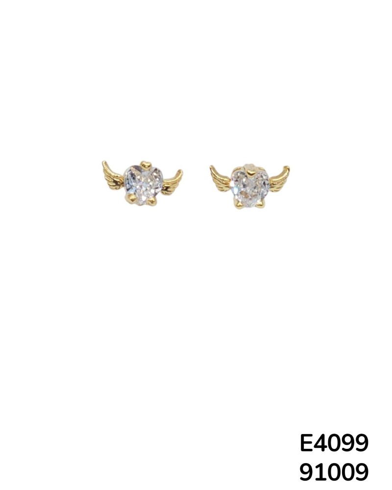E4099 Aretes de Chapado en oro en forma  de Alas con Cristal de Corazon en el medio