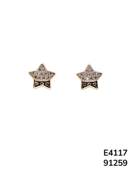 E4117 - Aretes de Chapado en oro dorado con diseño de estrellas decorados con cristales pequeños.