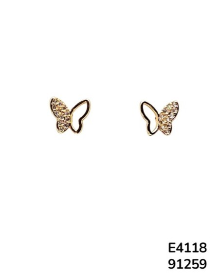 E4118 - Aretes de Chapado en oro dorado con diseño de mariposa decorados con cristales pequeños.