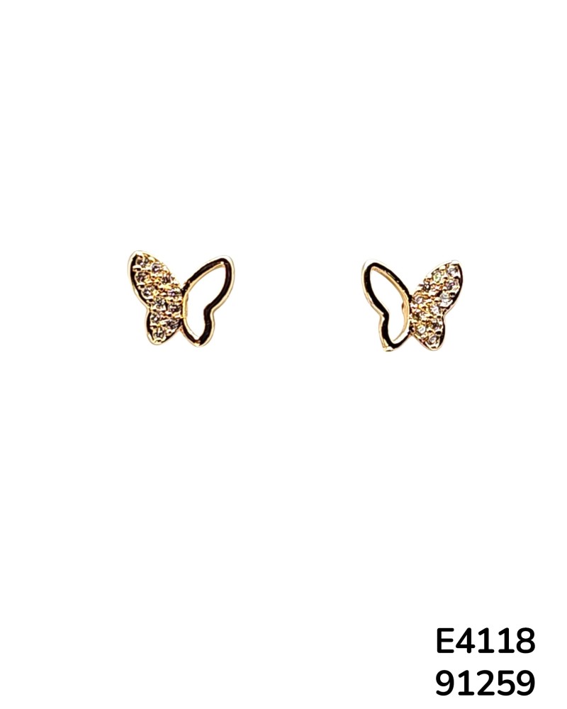 E4118 - Aretes de Chapado en oro dorado con diseño de mariposa decorados con cristales pequeños.