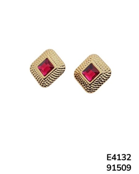 E4132 - Aretes cuadrados dorados con cristal de color en el centro