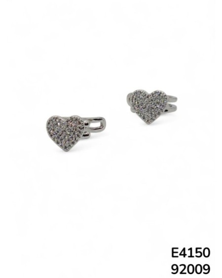 E4150 Aretes Ear Cuffs plateados de Chapado en oro en forma de corazón con detalles de cristales