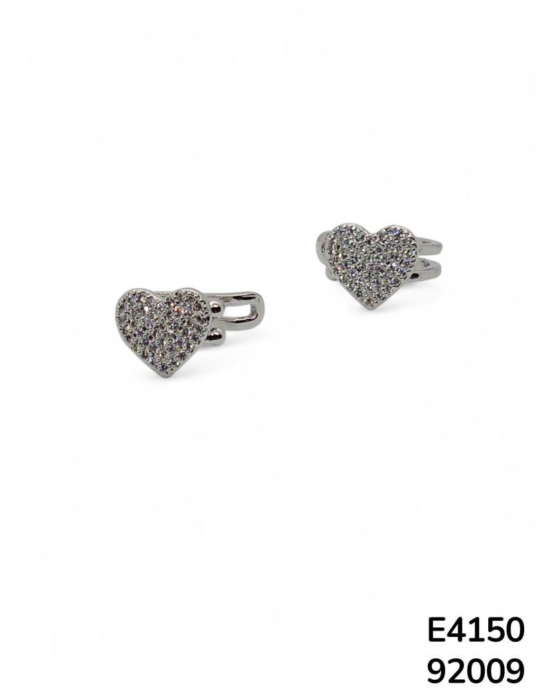 E4150 Aretes Ear Cuffs plateados de Chapado en oro en forma de corazón con detalles de cristales
