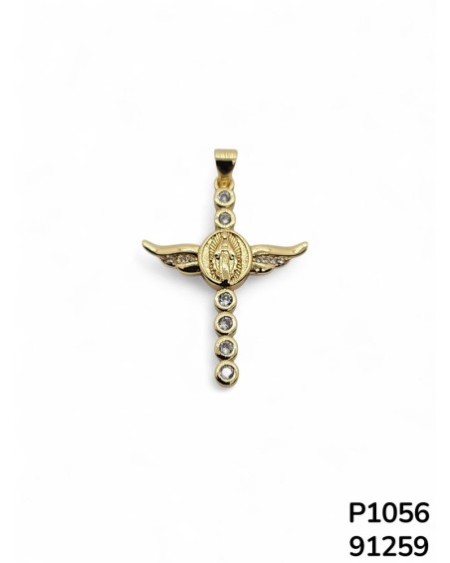P1056 – Colgante de Cruz con Alas y la medalla de la Virgen María con cristales y acabado dorado