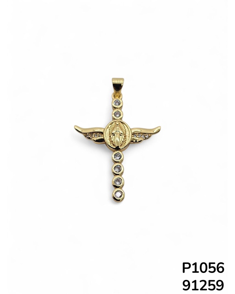 P1056 – Colgante de Cruz con Alas y la medalla de la Virgen María con cristales y acabado dorado