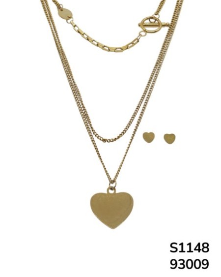 S1148 Conjunto de aretes y Cadena Doble con dije de Corazón