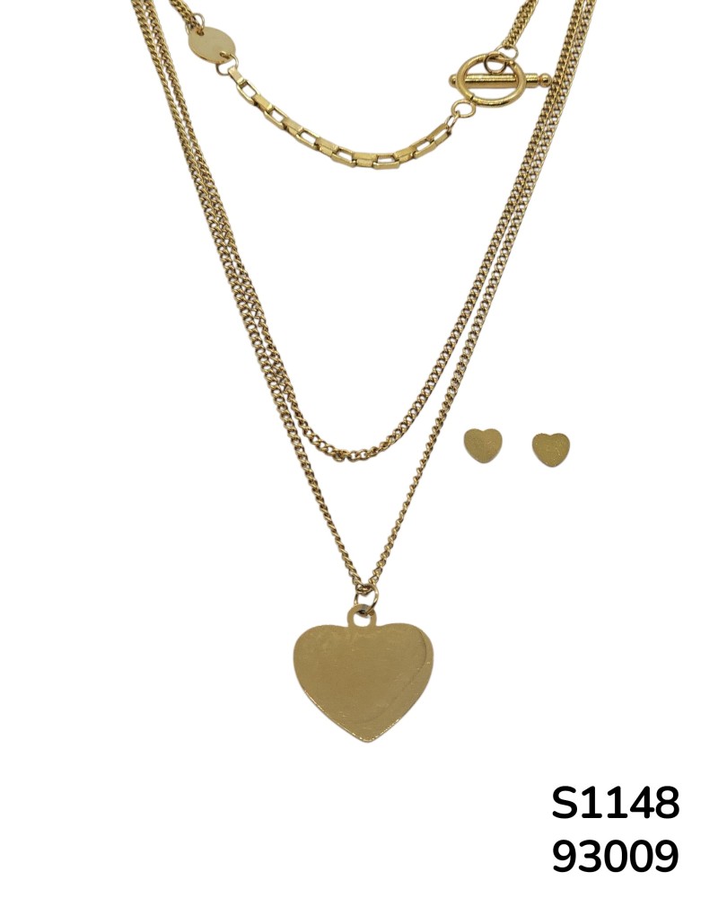 S1148 Conjunto de aretes y Cadena Doble con dije de Corazón