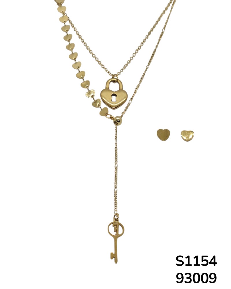 S1154 Conjunto de doble Cadena con dije de Candado y Llave de Corazón