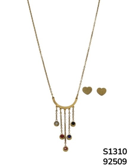 S1310 Conjunto de Cadena con Gema de Colores y aretes de corazón