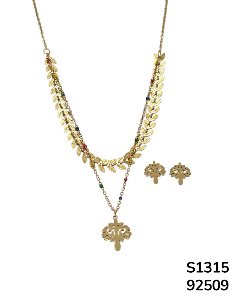 S1315 Conjunto de cadena doble con motivo de hojas doradas con dije y aretes del Arbol de la Vida.