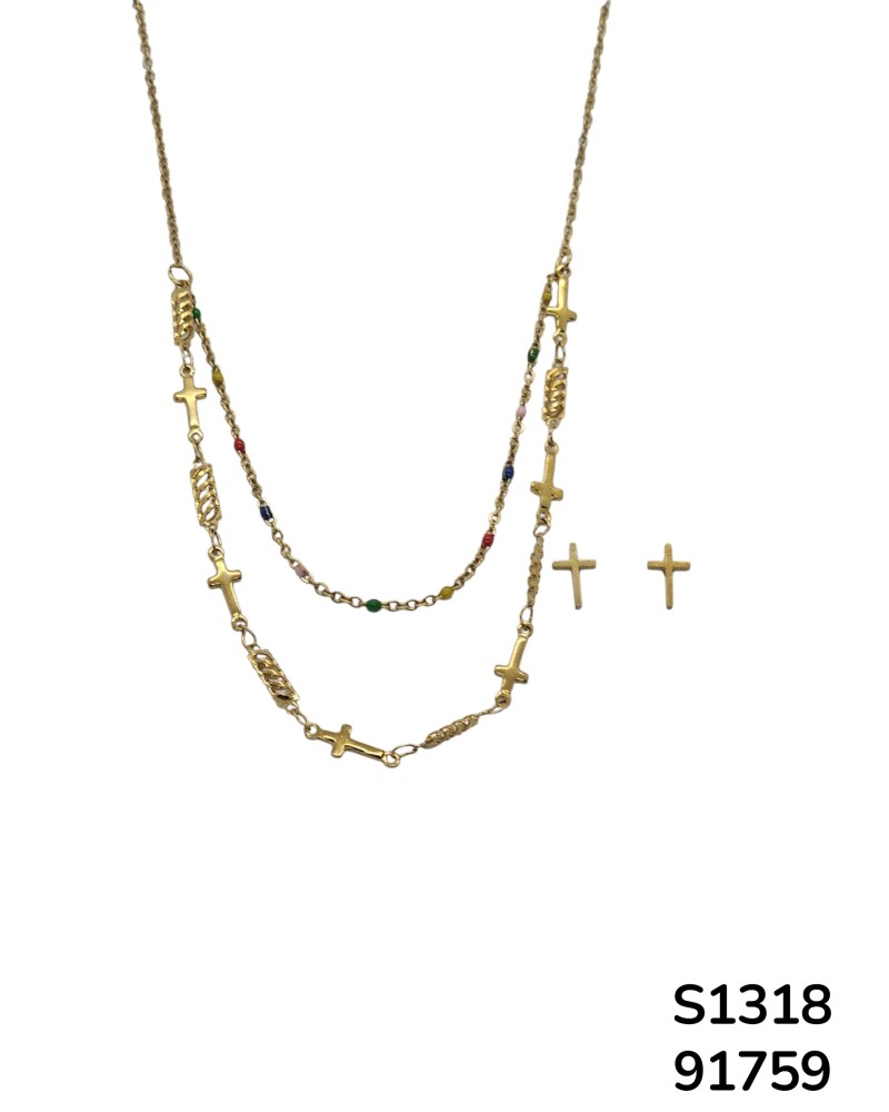 S1318 Conjunto de Cadena doble con Cuentas y Cruz y aretes que hacen juego.