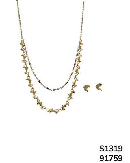 S1319 Conjunto de Cadena doble con aretes de delfin que hacen juego con las cadenas de cuentas de colores y delfines.