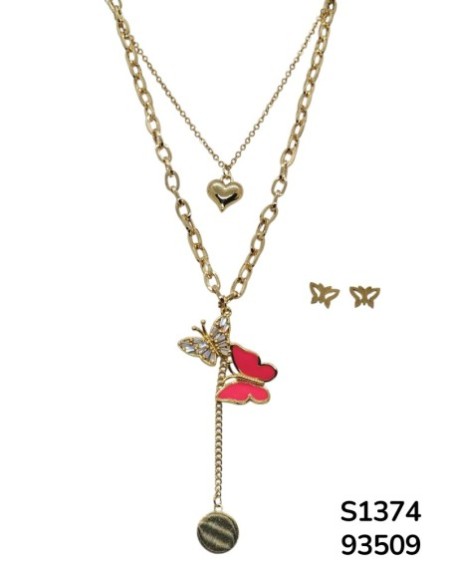 S1374 Conjunto de doble Cadena con dije de Mariposas y Corazón. Hacen juego con sus aretes de mariposa.