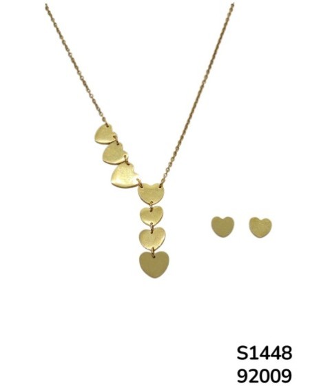 S1448 Conjunto de Cadena y aretes con Corazones Dorados