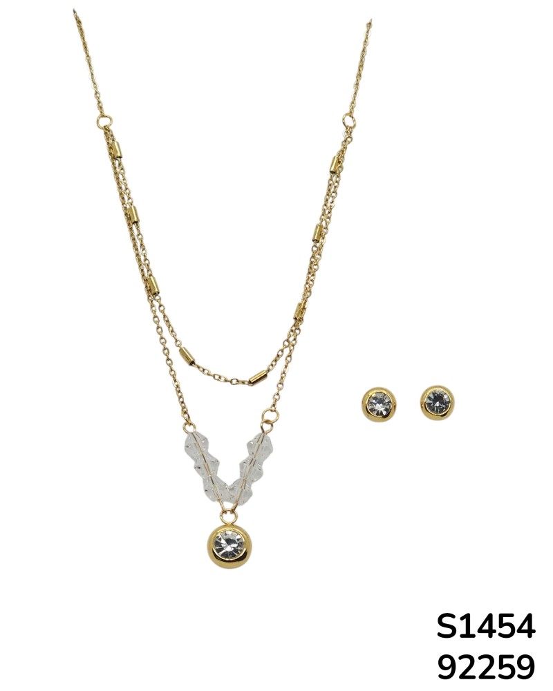 S1454 Conjunto de Cadena de Doble Capa con Cristal y aretes a juego