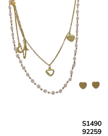 S1490: Set de Cadena doble con cuentas rosas y dijes de Torre Eiffel