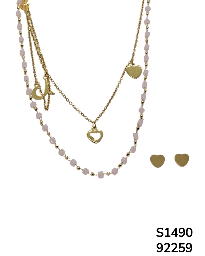 S1490: Set de Cadena doble con cuentas rosas y dijes de Torre Eiffel