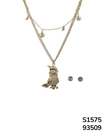 S1575: Conjunto de Cadena doble con dije de loro y cristales incrustados
