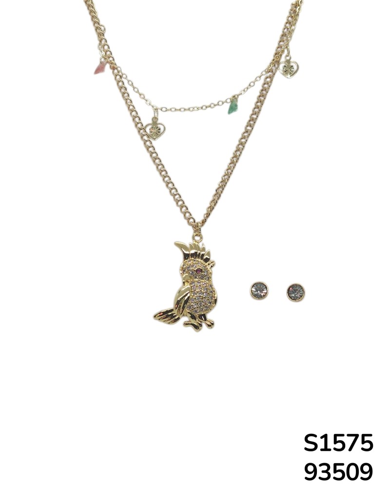 S1575: Conjunto de Cadena doble con dije de loro y cristales incrustados