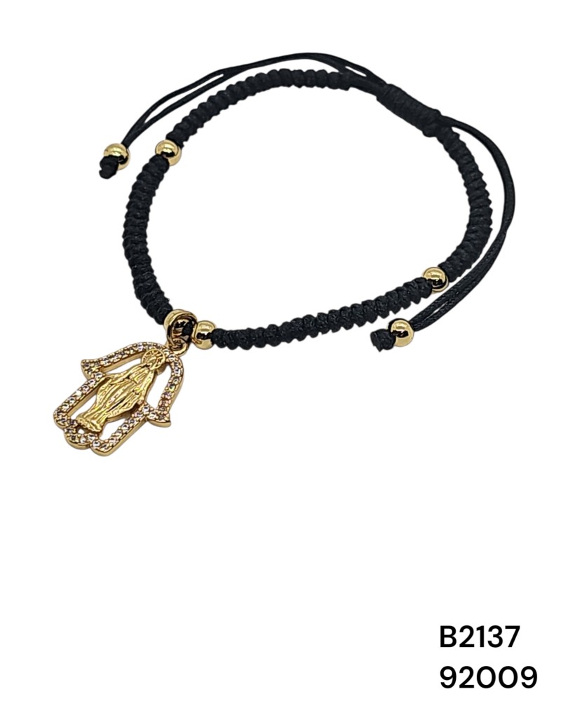 B2137 Pulsera de Cordón Negro con Dije de la Virgen María