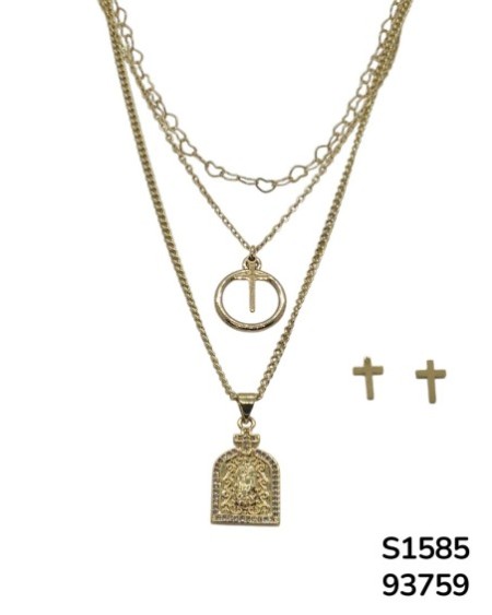 S1585 Conjunto de Cadena doble con dije y aretes de Cruz y dije de la Virgen de Guadalupe