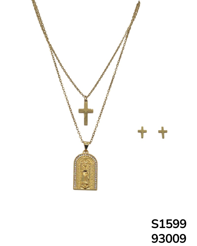 S1599 Conjunto Cadena doble con dije de la  Virgen de Guadalupe y la cruz