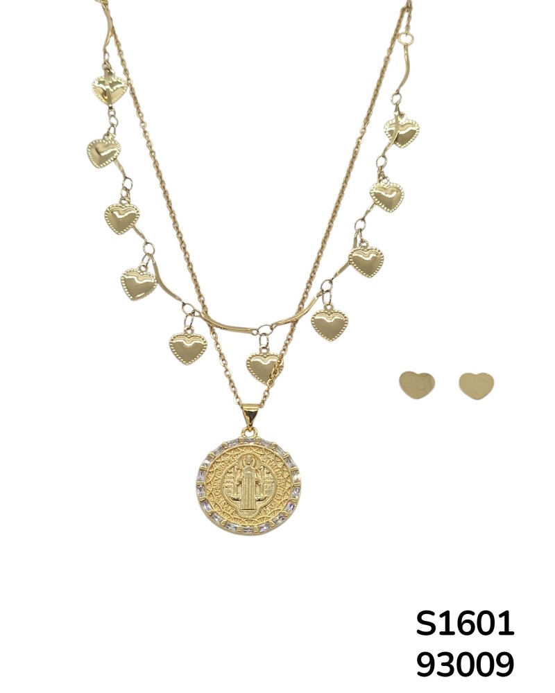 S1601: Set de Cadena doble con corazones y medallón de San Benito