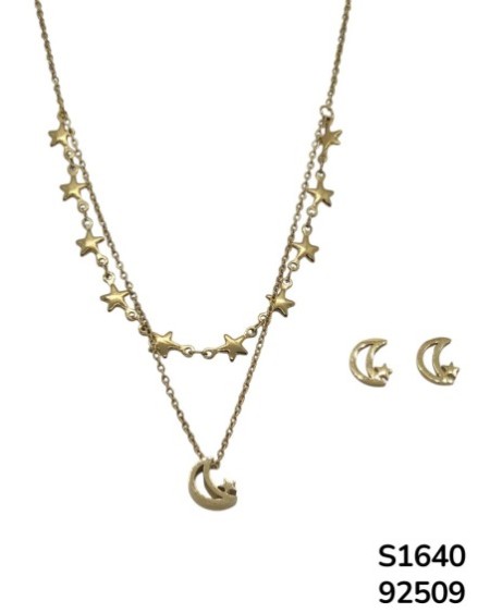 S1640 Conjunto de Cadena doble con Dije de Luna y Estrellas y aretes que hacen juego.