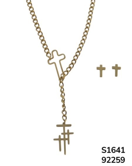 S1641 Conjunto de Cadena con Tres Cruces y aretes de cruz