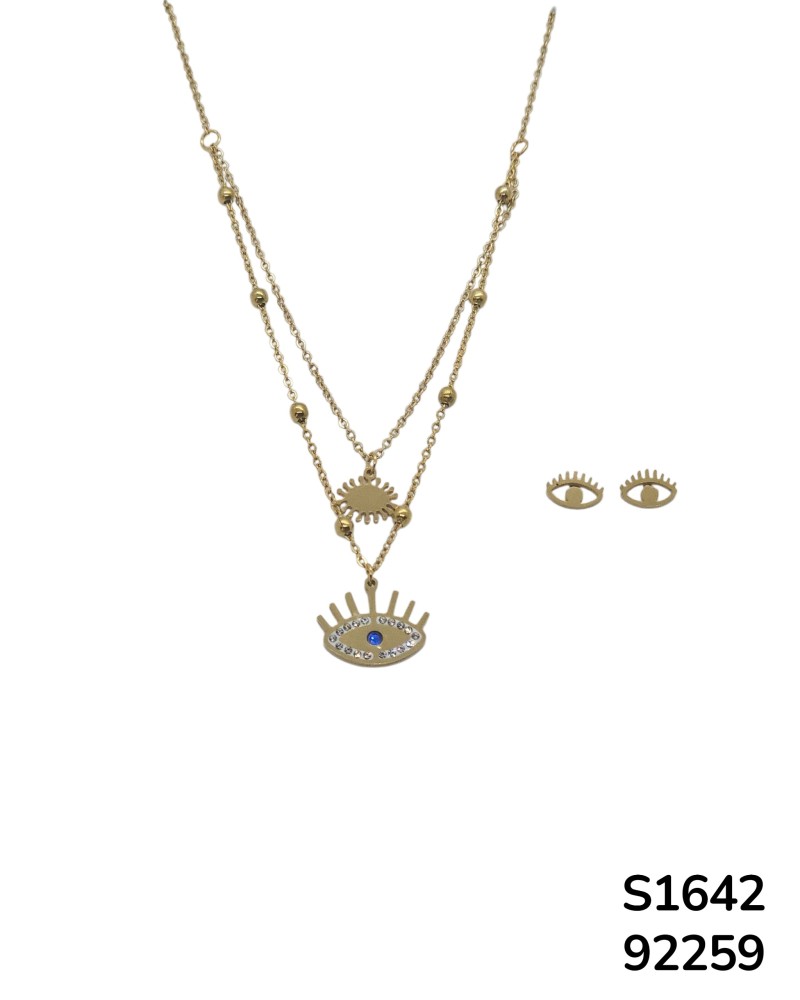 S1642: Set de Cadena Doble con dije y aretes de Ojos Turcos.
