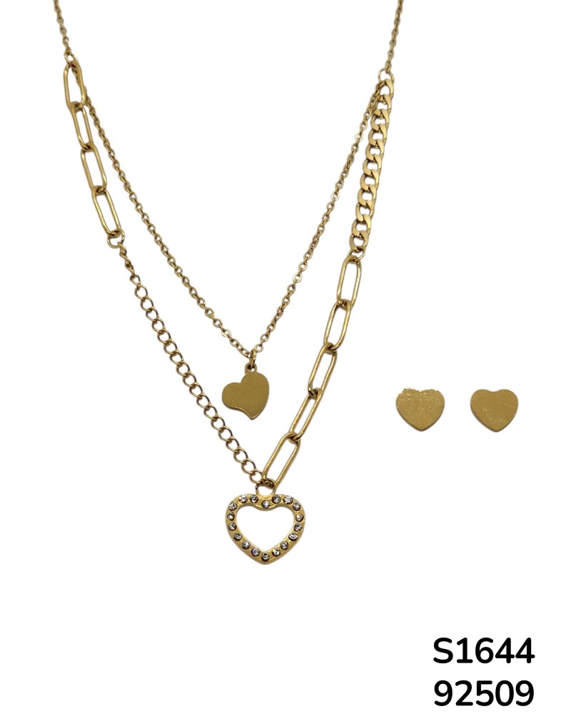 S1644 Conjunto de Cadena doble y Aretes de Corazón con cristales.