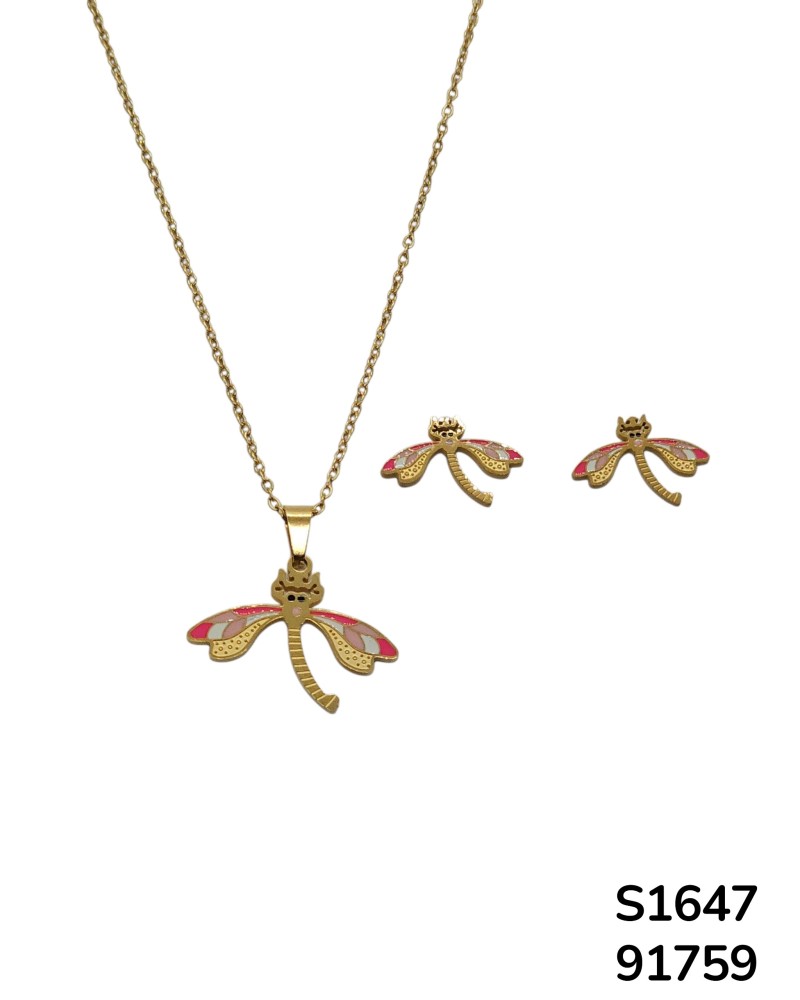 S1647 Conjunto de Cadena con Dije y aretes de Libélula colorida