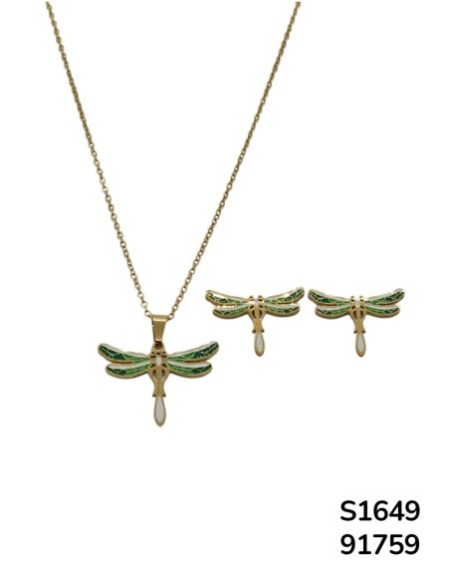 S1649 Conjunto de Joyería con Dije y aretes de Libélula colorida
