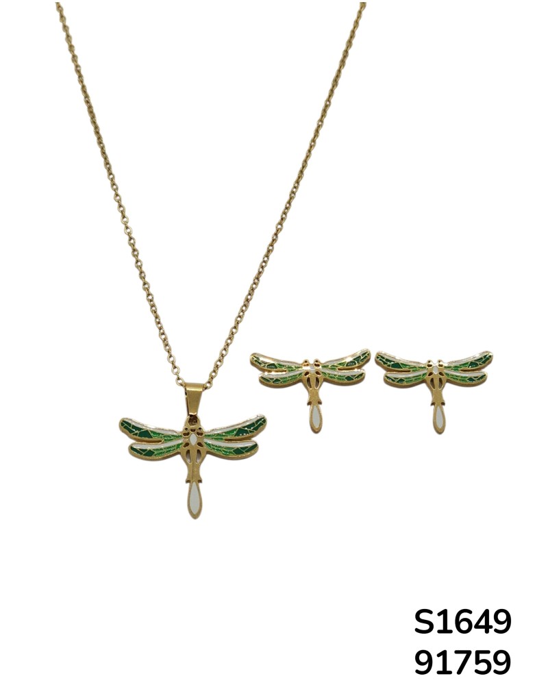 S1649 Conjunto de Joyería con Dije y aretes de Libélula colorida