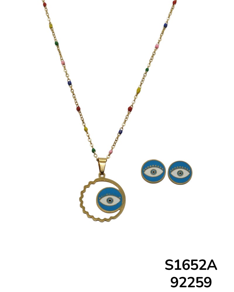 S1652 Conjunto de Cadena con Dije de Ojo Turco con cuentas de color y aretes a juego.