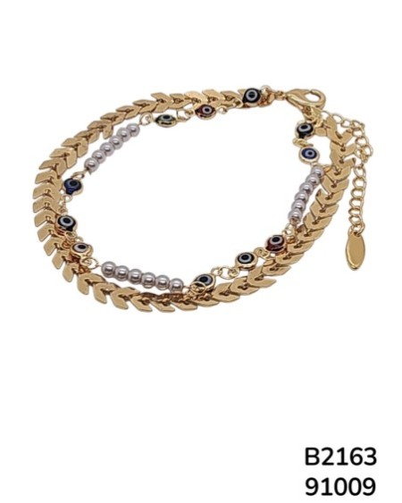 B2163 Brazaletes Duales con Ojo Turco y Cadena Dorada